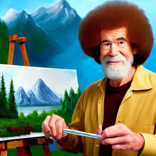 Image similar to a closeup photorealistic photograph of bob ross working on a canvas painting of cookie monster. film still. brightly lit scene. mountains and trees. this 4 k hd image is trending on artstation, featured on behance, well - rendered, extra crisp, features intricate detail, epic composition and the style of unreal engine.