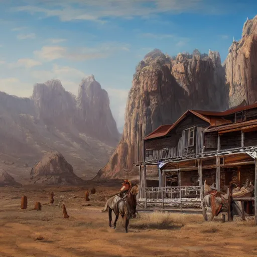 Image similar to a matte painting of the wild west, oil painting, pale colors, high detail, 8 k, wide angle, trending on artstation,