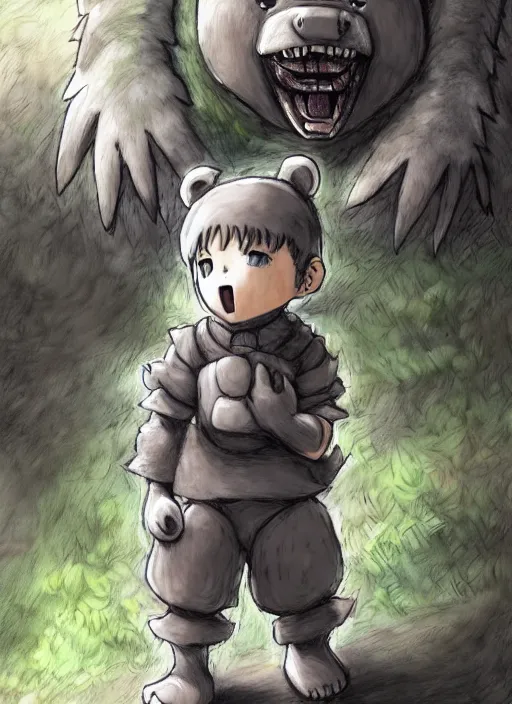 Image similar to beautiful little boy wearing an cyborg bear suit, artwork in kentaro miura and made in abyss and rosdraws, smooth, beautiful lightness, anatomically correct, trending on pixiv, forest