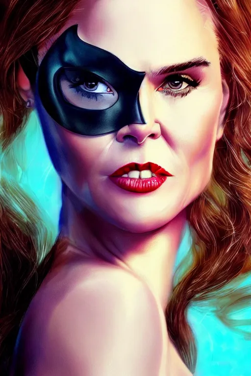 Image similar to portrait of a mix of beautiful young maria shriver, mariel hemmingway, brooke shields, nicole kidman and elle macpherson as catwoman, thin lips, hair tied up in a pony tail, colorful artstation, cgsociety