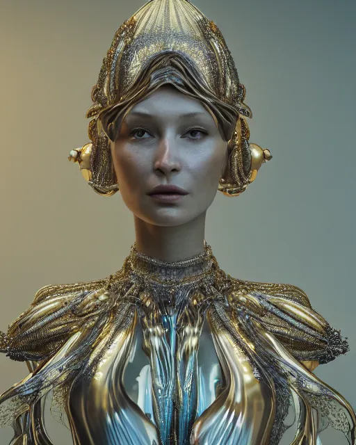 Image similar to a highly detailed metahuman 4 k close up render of an alien goddess bella hadid monument renaissance in iris van herpen dress schiaparelli in diamonds crystals swarovski and jewelry iridescent in style of alphonse mucha gustav klimt trending on artstation made in unreal engine 4