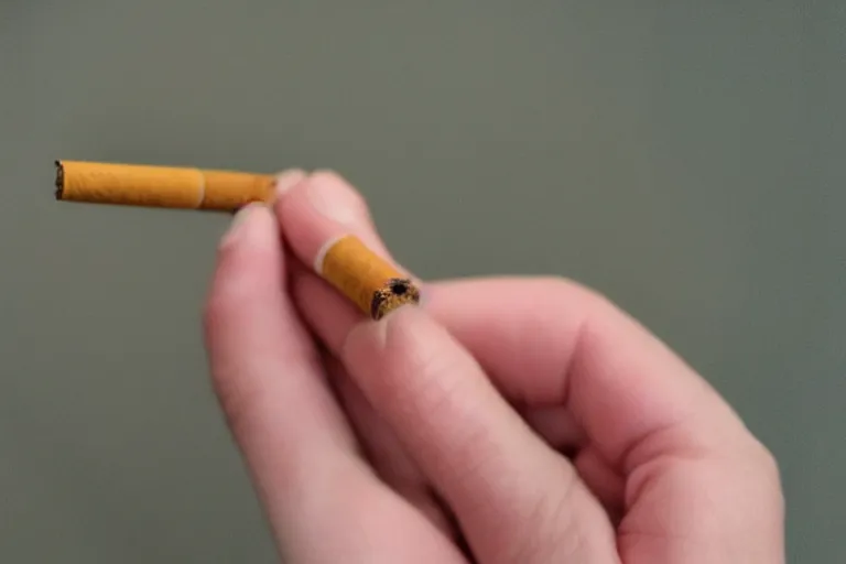 Image similar to cigarette in five fingers, thin soft hand holding cigarette, hyper realistic, natural