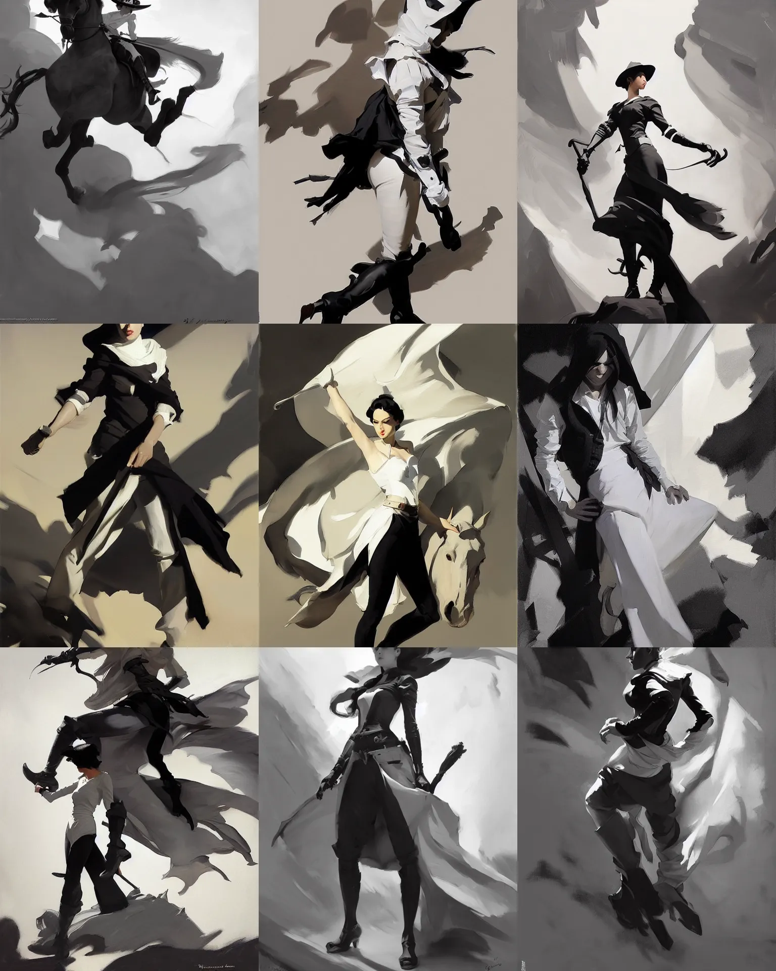 Prompt: black and white cloth fabric jodhpurs greg manchess painting by sargent and leyendecker, studio ghibli, fantasy, medium shot, asymmetrical, intricate, elegant, matte painting, illustration, hearthstone, by greg rutkowski, by greg tocchini, by james gilleard, by joe fenton