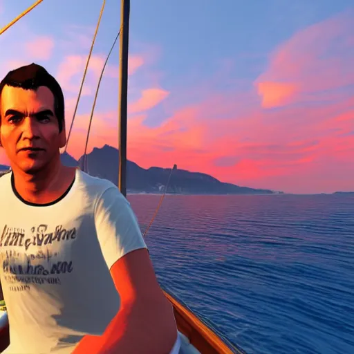 Prompt: 26 year old man on a sailing boat, close up, highly detailed, sunset, GTA V poster