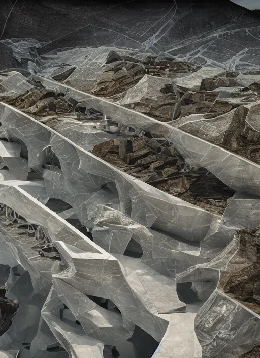 Image similar to bioremediation white mining tailing futuristic horizontal architecture in chuquicamata, epic, cinematic, hyperealistic, high detailed, corona render, hdr, ray tracing