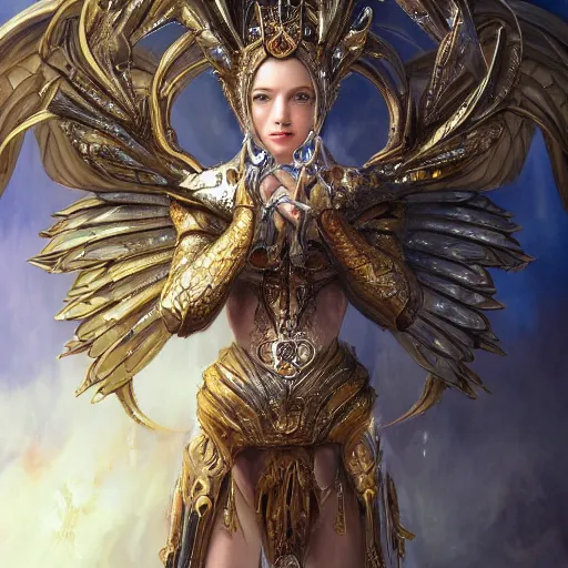 Image similar to a beautiful angel with a golden helmet wearing a silver armor with golden ornaments and diamonds jewelry, wings by alex gray and android jones, karol bak, ayami kojima, amano, concept art, character design, fantasy, 3 d, 8 k resolution