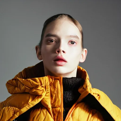 Prompt: realistic photoshooting for a new issey miyake lookbook, color film photography, portrait of a beautiful woman, model is wearing a puffer jacket, in style of tyler mitchell, 3 5 mm,