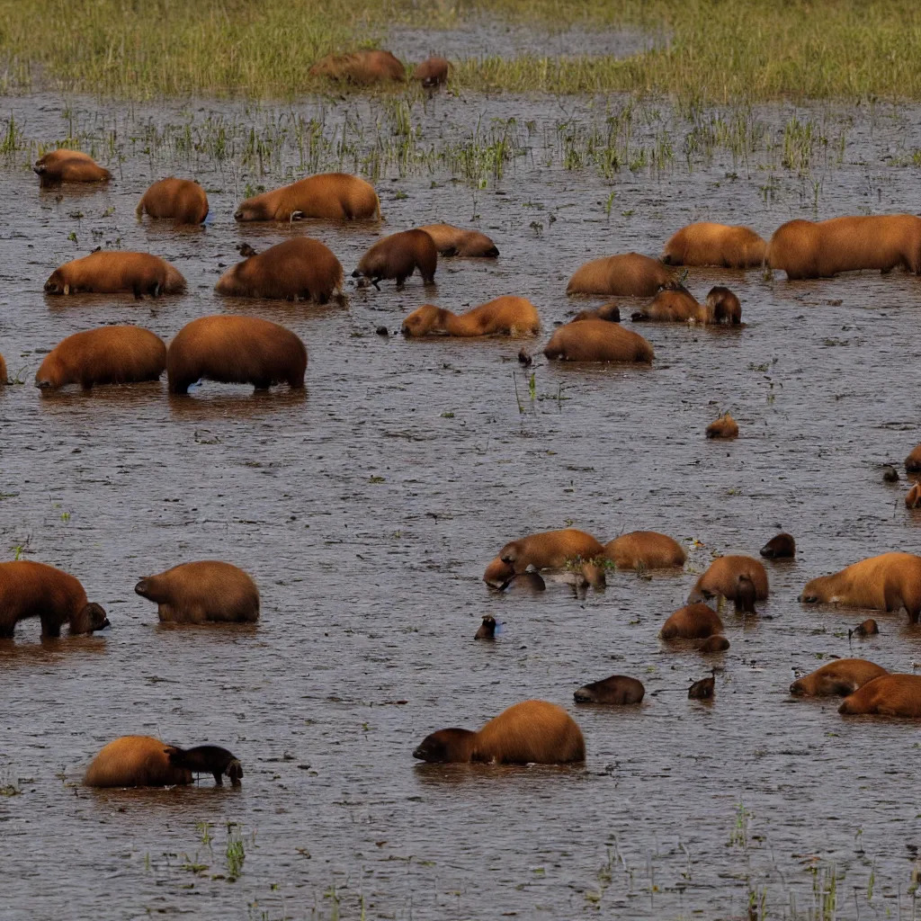 Image similar to capybaras in wetland engulfed in fire