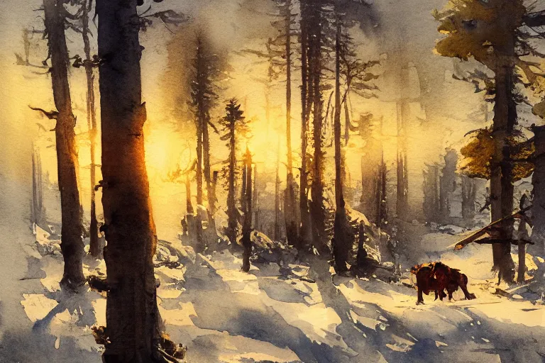 Image similar to small centered on watercolor paper, paint brush strokes, abstract watercolor painting of ragnarok at nightfall, american wild west, winter, pine trees, viking mythology, cinematic light, american romanticism by hans dahl, by jesper ejsing, by anders zorn, by greg rutkowski, by greg manchess, by tyler edlin