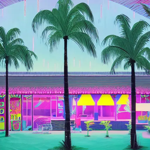 Image similar to inside psychedelic beachfront fast food restaurant with palm trees by simon stalenhag