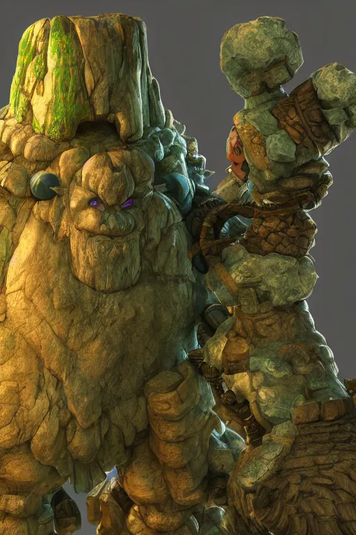 Image similar to zelda fantasy art giant golem troll wood rock greeble gemstone, global illumination ray tracing hdr fanart arstation by sung choi and eric pfeiffer and gabriel garza and casper konefal