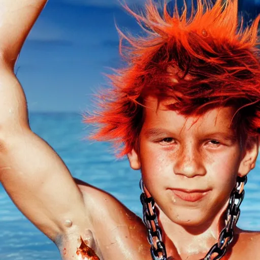 Image similar to a photo of a boy with firey hair emerging from the water with chains on his arms and legs 1 9 7 7 photo, realistic, photorealistic, detailed,