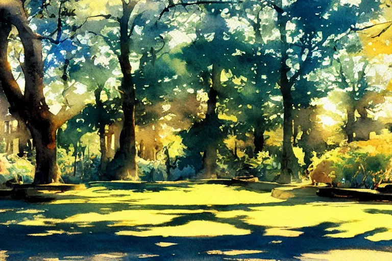 Image similar to small centered on watercolor paper, paint brush strokes, abstract watercolor painting of city park, daylight, shadows, foliage, sunlight, translucent leaves, cinematic light, national romanticism by hans dahl, by jesper ejsing, by anders zorn, by greg rutkowski, by greg manchess, by tyler edlin