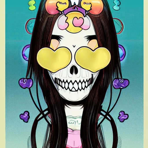 Image similar to portrait of a anime angel happy smiley girl skull face with emoji’s and bubbles detailed highres 4k by Trevor Brown pop art nouveau