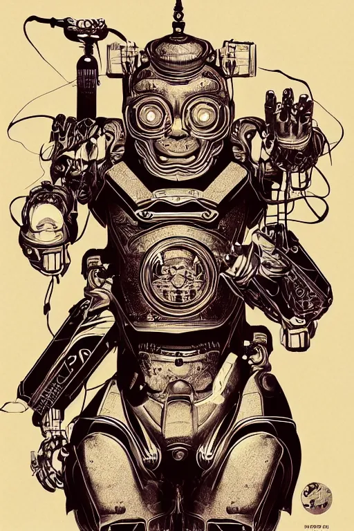 Prompt: a study of cell shaded Vector illustration of a cyborg robot fu manchu buddha dancing , golden ratio, post grunge screen print poster, character concept art by Miles Tsang, highly detailed, sharp focus, motherboard, Artstation, deviantart, artgem