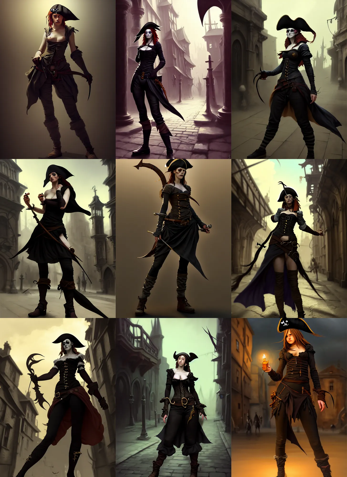 Prompt: artist reference pictures pose, anatomy skills,sophisticated composition, old masters light composition, procedurally generated, epic anthropomorphic pirate girl character posing for concept art, gothic city streets behind her, costume design from postmodern designers, substance designer, PBR, HD, Ultra detailed, hyperrealistic, megascans, volumetric light, concept by master artist, made in paint tool SAI2, trending pixiv face