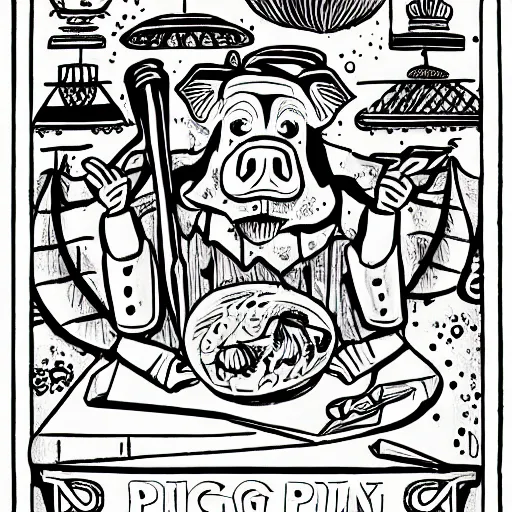 Image similar to pig king by arron drapplin, fine details, illustration, 1970 design, thick lines, 1970s style