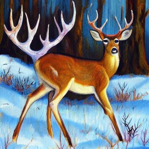 Prompt: “deer by a house oil panting”