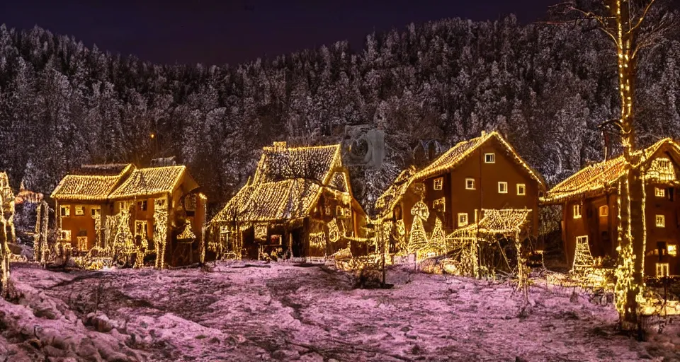 Image similar to an abandoned village in the black forest at midnight illuminated by christmas lights