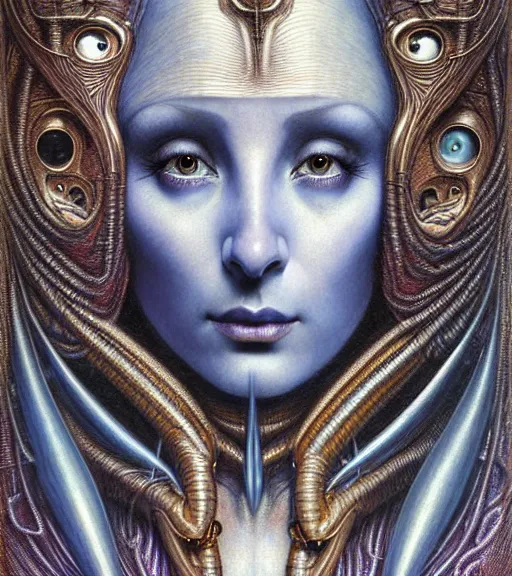 Prompt: detailed realistic beautiful young cher alien robot as queen of mars face portrait by jean delville, gustave dore and marco mazzoni, art nouveau, symbolist, visionary, baroque, concept. horizontal symmetry by zdzisław beksinski, iris van herpen, raymond swanland and alphonse mucha. highly detailed, hyper - real, beautiful