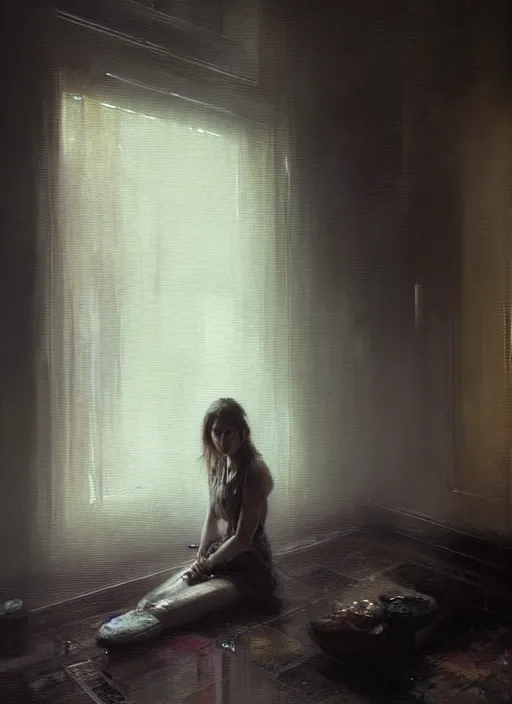 Image similar to a portrait of beautiful woman sitting in the floor, inside a modern apartment, intricate oil painting, hyperdetailed, misty, ethereal, dramatic lighting, 8 k, by jeremy mann and ruan jia