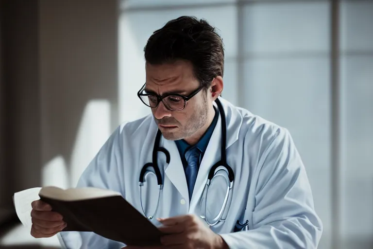 Prompt: a cinematic headshot portrait of an doctor reading his notes, moody lighting, movie still, shallow depth of field, muted colors