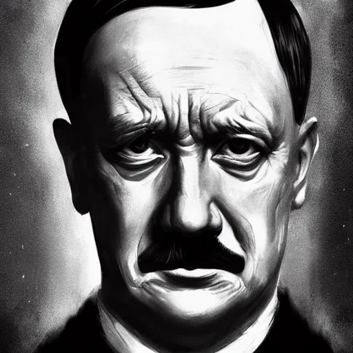 Image similar to portrait of Hitler in a black cloak, glowing eyes, detailed face, highly detailed, cinematic lighting, digital art painting by greg rutkowski.