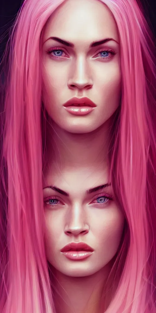 Image similar to Portrait of a beautiful pale skin Nordic female megan fox with long pink hair, elegant, photorealistic, highly detailed, artstation, smooth, sharp focus, gold ornaments, neon lighting, sci-fi, art by Klimt