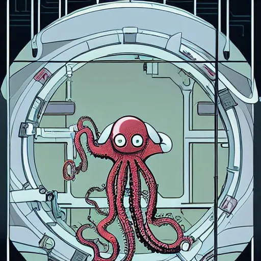 Image similar to robotic Octopus in an airlock, Industrial Scifi, detailed illustration, character portrait, by Martin Grip and Moebius