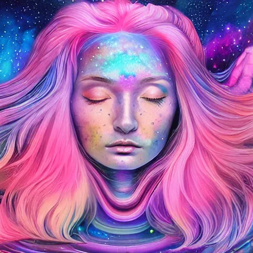 Image similar to a galaxy pink purple and blue colored, psychedelic ethereal portrait, kim petras with her eyes closed, transcending to a higher plane of existence, eternal blessing, multiverse, by android jones, by ben ridgeway, visionary art, by artgerm, featured on artstation, cgsociety, by greg rutkowski