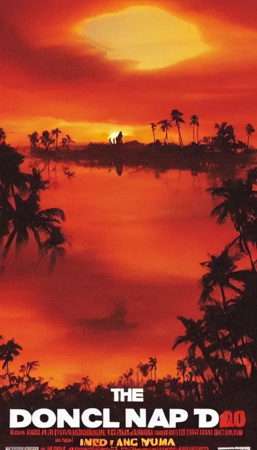 Image similar to donald trump on the apocalypse now poster, red sunset, bending river in the jungle