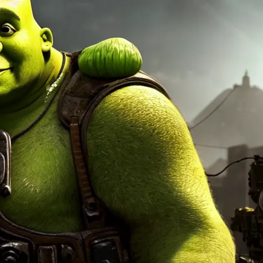 Image similar to Shrek in 'Gears of War', splash art, movie still, cinematic lighting, detailed face, dramatic, octane render, long lens, shallow depth of field, bokeh, anamorphic lens flare, 8k, hyper detailed, 35mm film grain