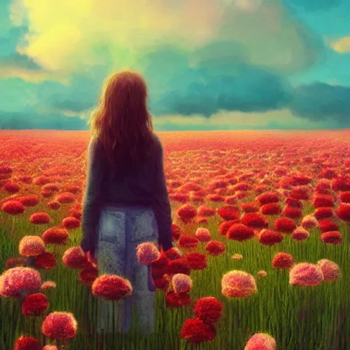 Image similar to head made of carnations, girl standing in a vast flower field, holding flowers, surreal photography, sunrise dramatic light, impressionist painting, colorful clouds, large sky, digital painting, artstation, simon stalenhag, flower face