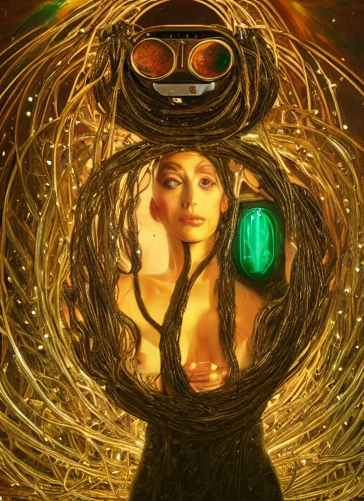 Image similar to oil painting of android woman immersed in the mystical tree, druid goddess, retro futurism, renaissance painting, baroque, golden body, steampunk, golden jewellery, shining crystals, cords and wires, vr googles, filigree, biomechanics, cinematic light, 8 k