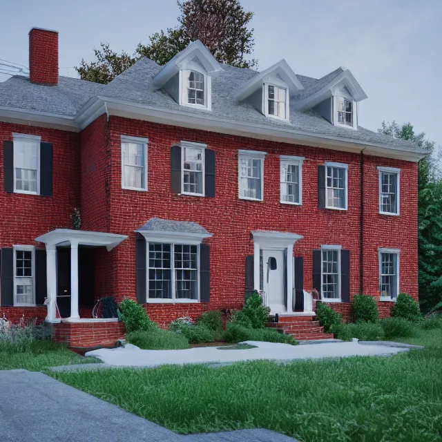 Image similar to modern new england colonial house with a round blue door, brick cape house, realistic, unreal engine render, octane render, hyper realistic, photo, 8 k