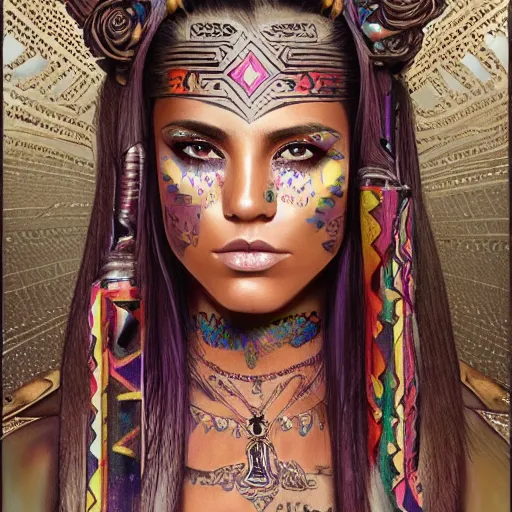 Image similar to an attractive young tattooed aztec female with piercings wearing an rainbow ornate metallic helmet, catalina otalvaro, olive skin, long dark hair, beautiful bone structure, intricate, elegant, highly detailed, digital painting, artstation, concept art, smooth, sharp focus, illustration, art by artgerm and greg rutkowski and alphonse mucha