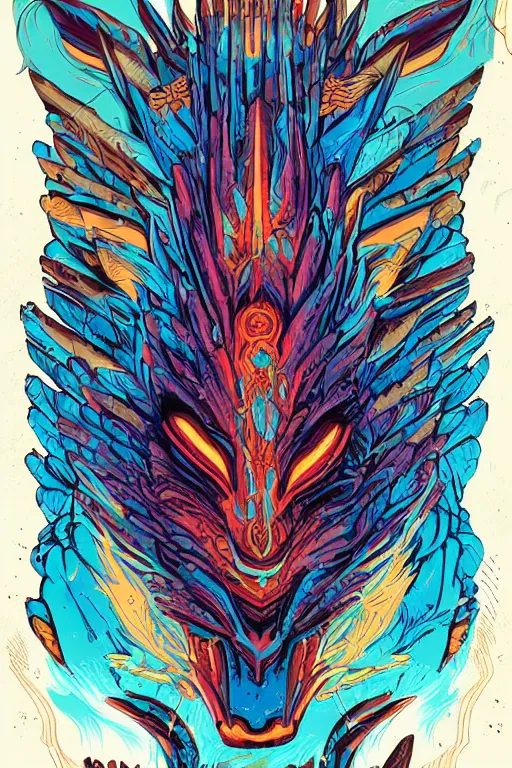 Image similar to totem animal tribal chaman vodoo mask feather gemstone plant wood rock video game illustration vivid color borderlands by josan gonzales and dan mumford radiating a glowing aura