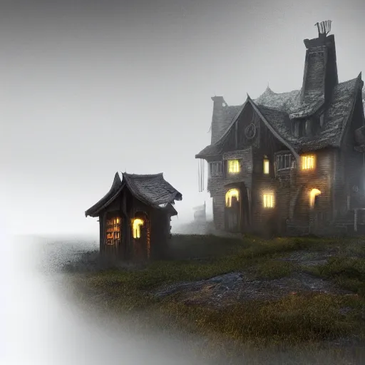 Prompt: Village, horror, fog, foster, highly detailed, one house, fear, hyper realistic, atmospheric lighting