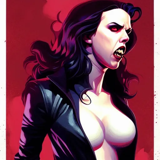 Image similar to rafael albuquerque comic art, peter mohrbacher, steve niles, phil noto, artgerm, pretty scarlett johansson vampire sharp vampire teeth open mouth, symmetrical eyes, black leather jacket, jeans, long blonde hair