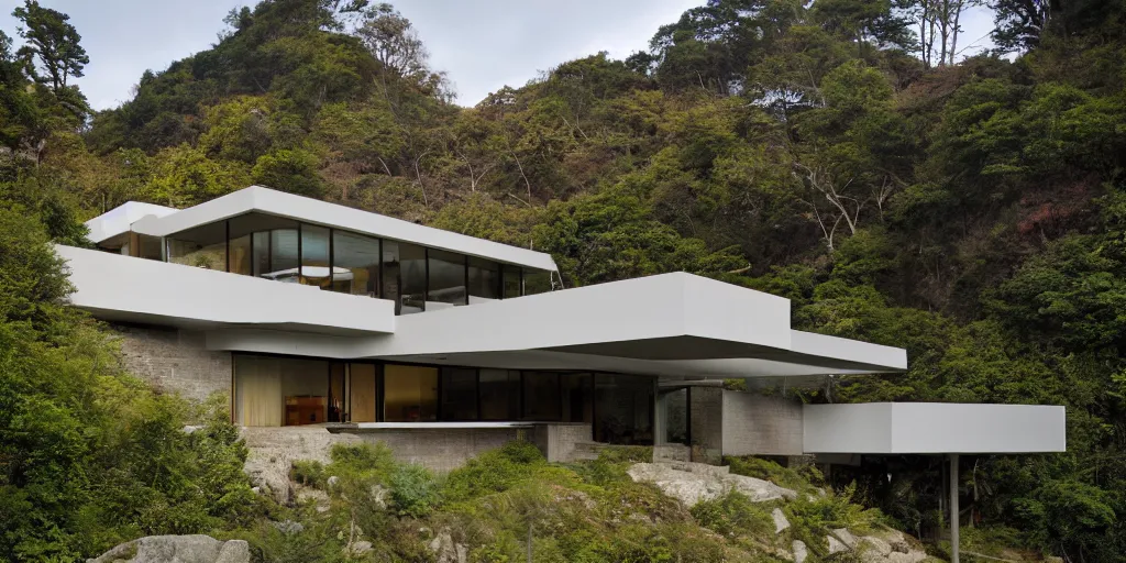 Prompt: a modernist residence on a cliffside with a waterfall