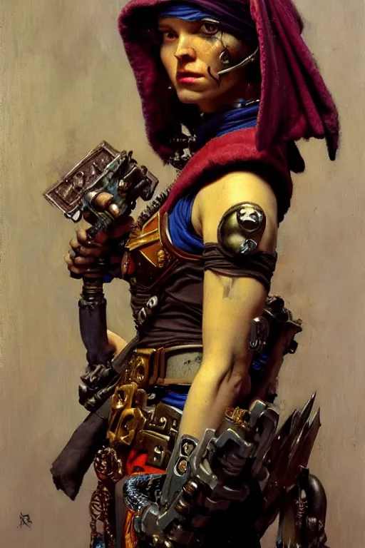 Prompt: full character portrait max mad cyberpunk warhammer 4 0 k, barbarian medic not the girl with the pearl earring character design, painting by gaston bussiere, katsuya terada, nc wyeth, greg rutkowski, craig mullins, vermeer, frank frazetta, mucha, tom of finland, trending on artstation, jeffery catherine jones