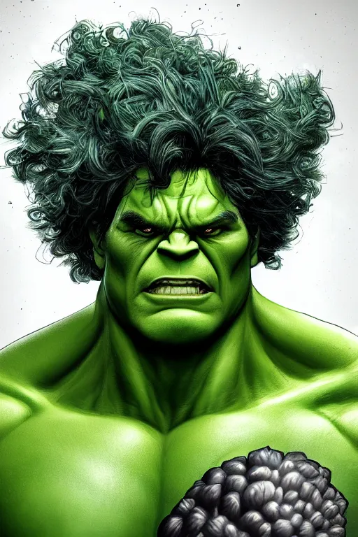 Image similar to the hulk with broccoli hair, highly detailed, digital art, sharp focus, trending on art station