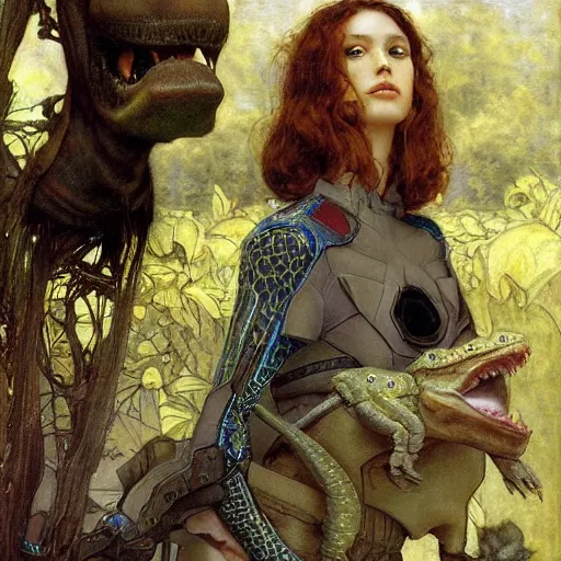 Image similar to epic masterpiece full body portrait a beautiful woman with a small dinosaur as a pet on a leash, by Edgar Maxence and Ross Tran and Michael Whelan