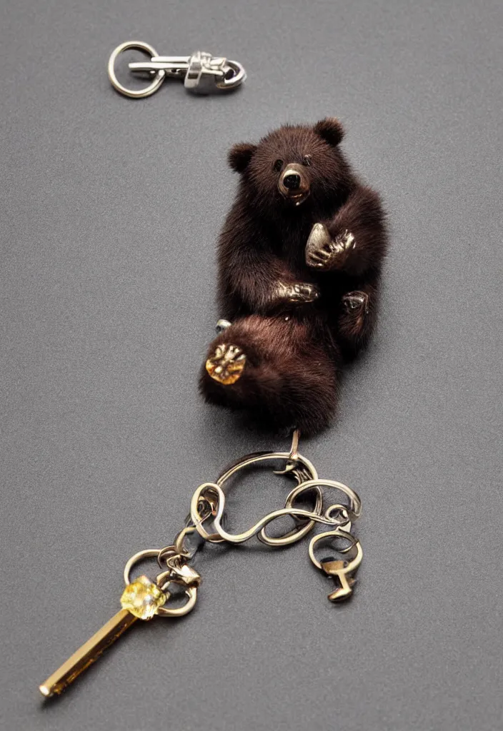 Image similar to a small deep coloured crystal bear keychain by greg rutkowski, sung choi, mitchell mohrhauser, maciej kuciara, johnson ting, maxim verehin, peter konig, 8 k photorealistic, cinematic lighting, hd, high details, dramatic, atmosphereric