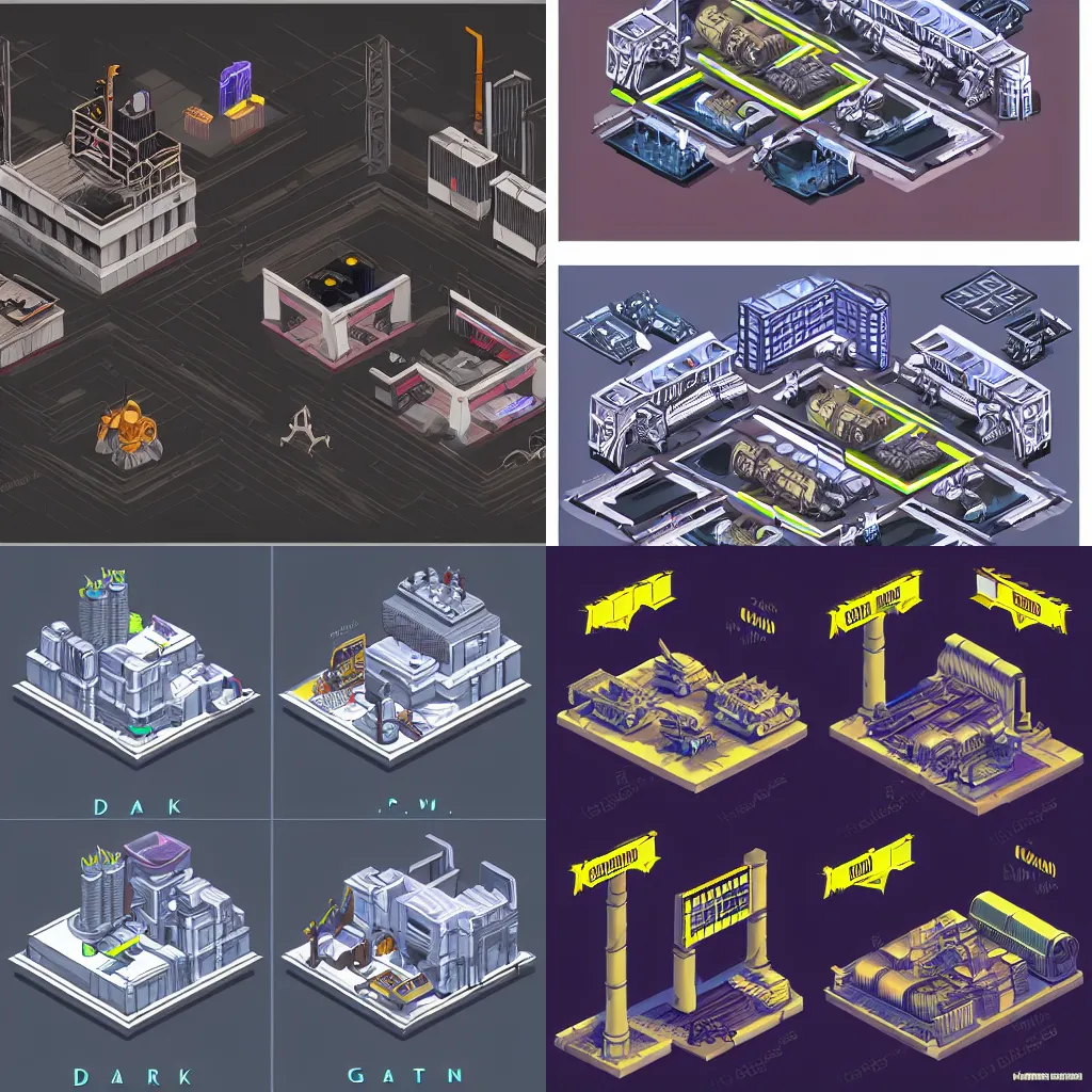 Prompt: isometric concept art of cyberpunk factory, dark and grim