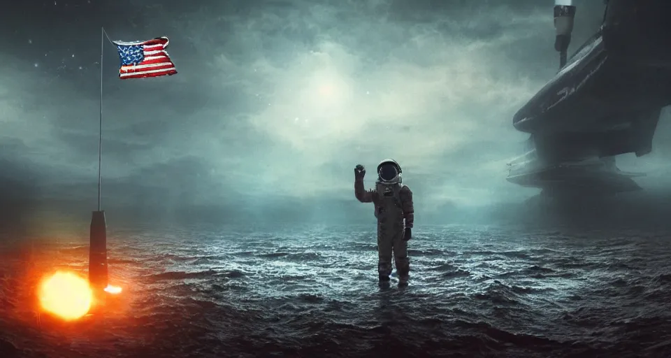 Image similar to astronaut holding a flag in an underwater desert. a submarine is visible in the distance. dark, concept art, cinematic, dramatic, atmospheric, 8 k, trending on artstation, blue, fish, low visibility, fog, ocean floor, christopher nolan, interstellar