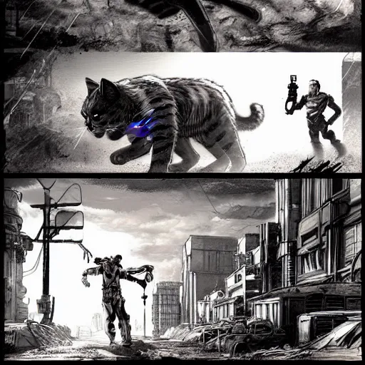 Image similar to fallout 5, concept art drawings of the opening scene, storyboard, concept art, comic style, female protagonist and large feline companion, atmospheric lighting, painted, intricate, volumetric lighting, beautiful, gritty, rich deep colours masterpiece, sharp focus, ultra detailed by jack kirby, ignacio fernandez rios, thierry doizon