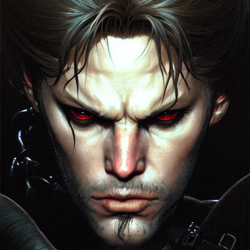 Prompt: portrait of snake from metalgear, dark, piercing eyes, exotic expression, esoteric clothing, photorealistic, highly detailed, mysterious lighting, artstation, smooth, sharp focus, art by michael whelan, artgerm, greg rutkowski and luis royo