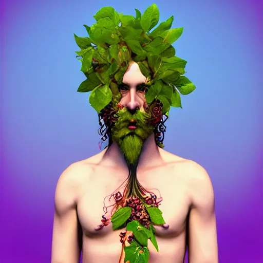 Prompt: psychedelic portrait of ecstatic god dionysus with leaves and grape in his hair, tom of finland, bouguereau, hyperrealistic, tom of finland, bouguereau, octane render, 3 d