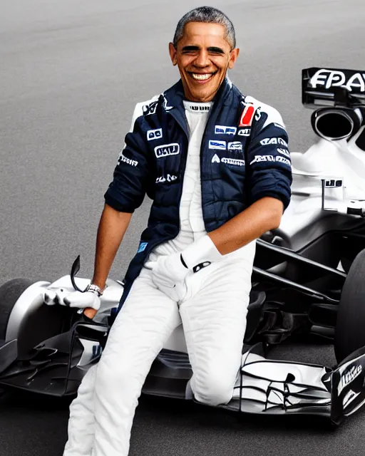 Prompt: a portrait of a mercedes f 1 driver in a white overall with the face of barack obama, outdoor, professional portrait photography, ambient light